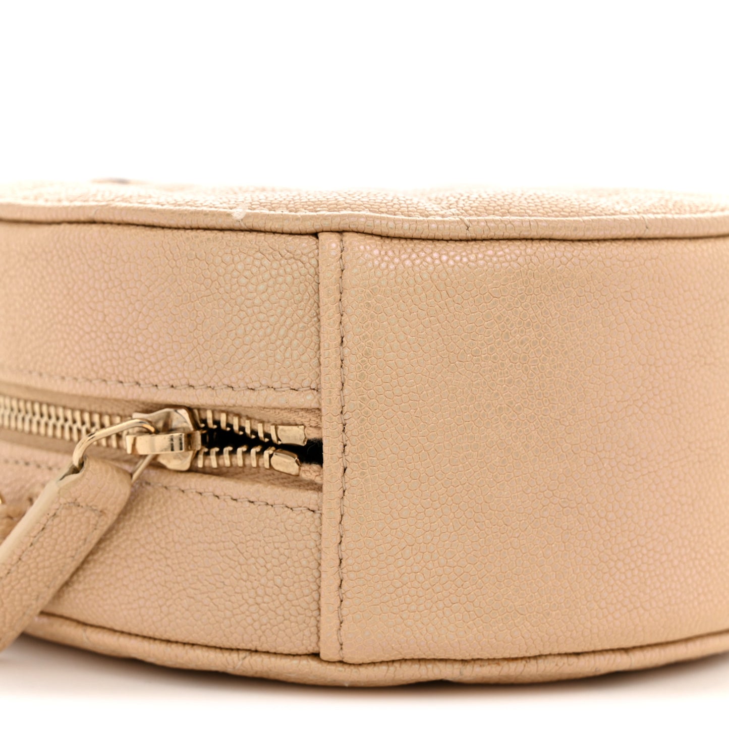 Iridescent Caviar Quilted Round Clutch With Chain Beige