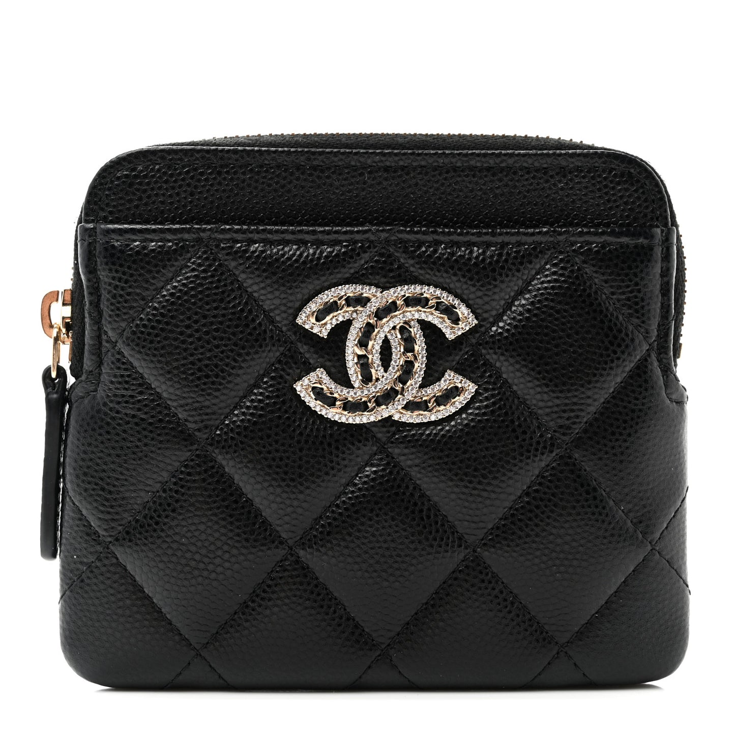 Caviar Quilted Crystal Zip Card Holder Wallet Black