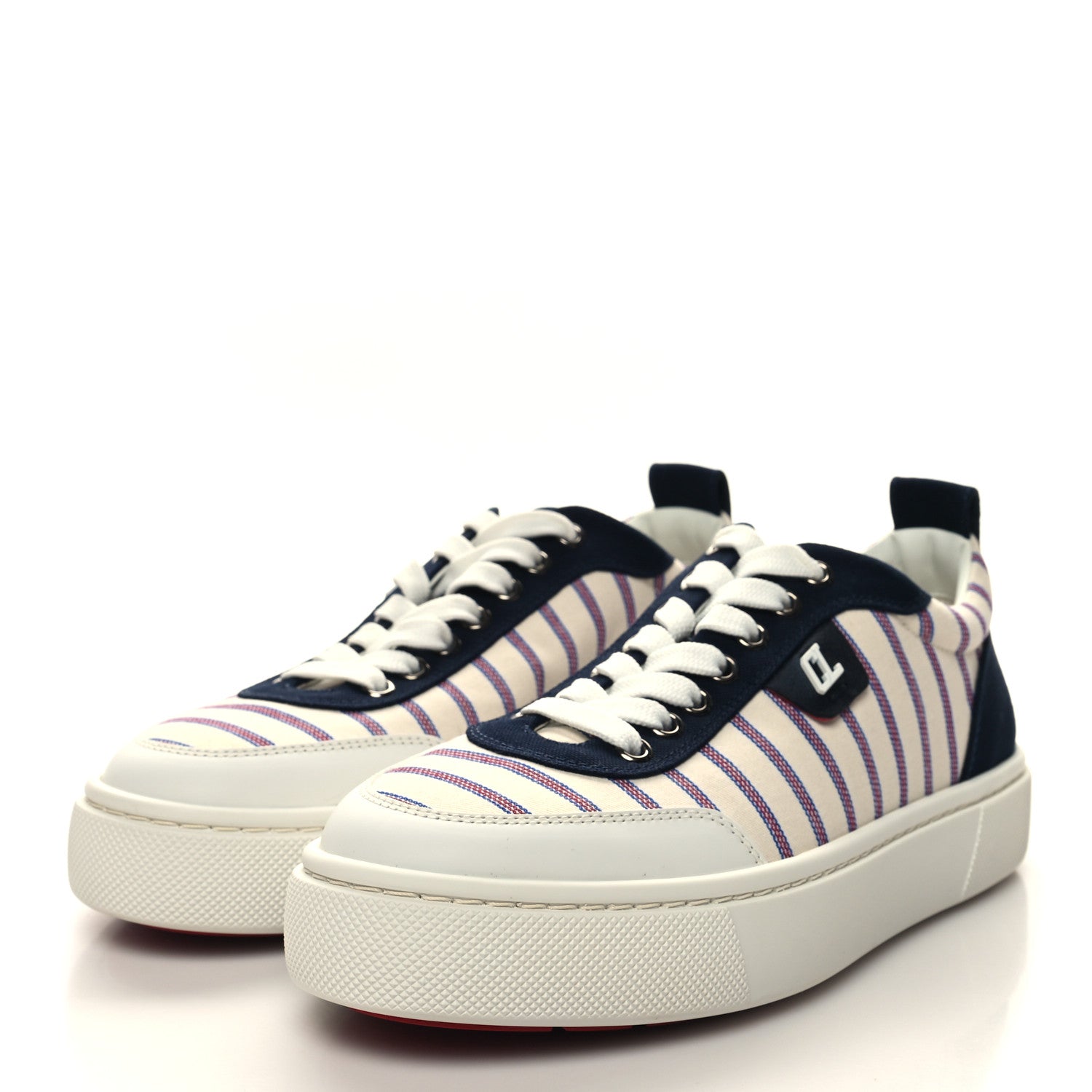 Christian Louboutin Toile Calfskin Simplerui Stripe Flat Sneakers 38.5 White Blue 3 of 8