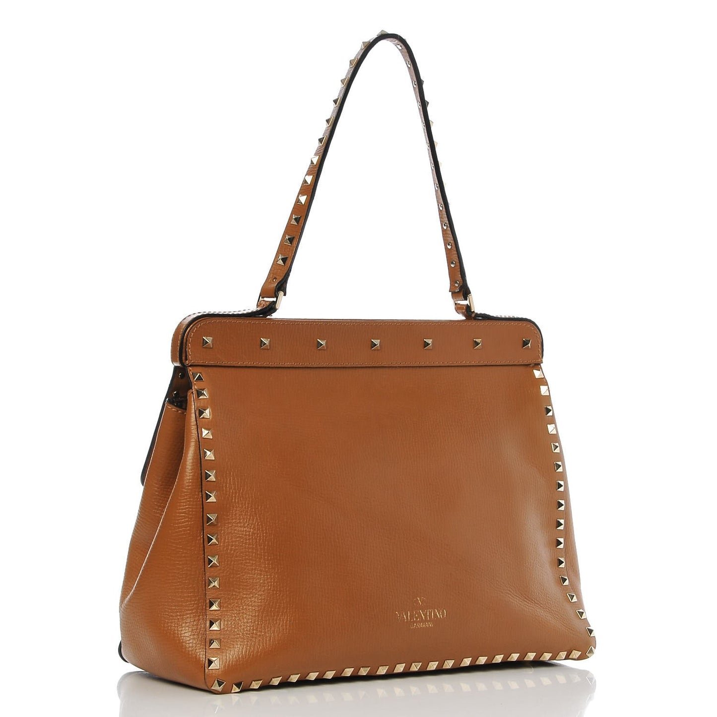Textured Calfskin Rockstud Frame Handle Bag Tan