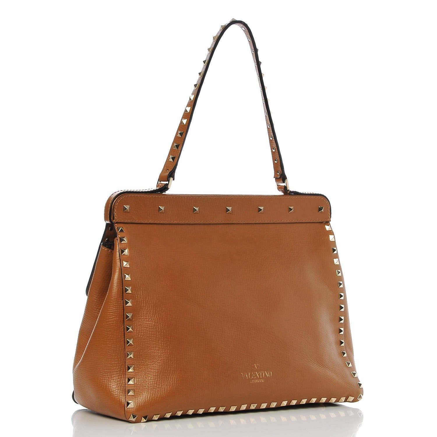 Valentino Garavani Textured Calfskin Rockstud Frame Handle Bag Tan 3 of 7