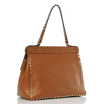 Valentino Garavani Textured Calfskin Rockstud Frame Handle Bag Tan 3 of 7
