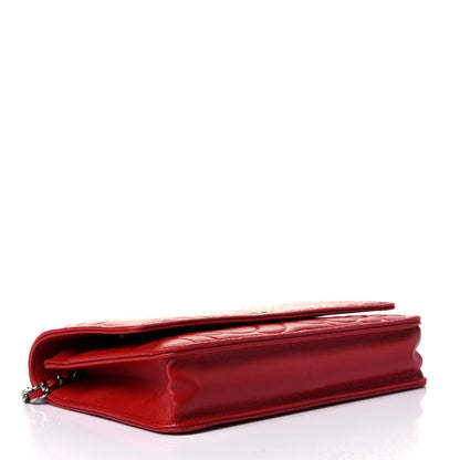 Chanel Lambskin Camellia Embossed Wallet On Chain WOC Red 3 of 4
