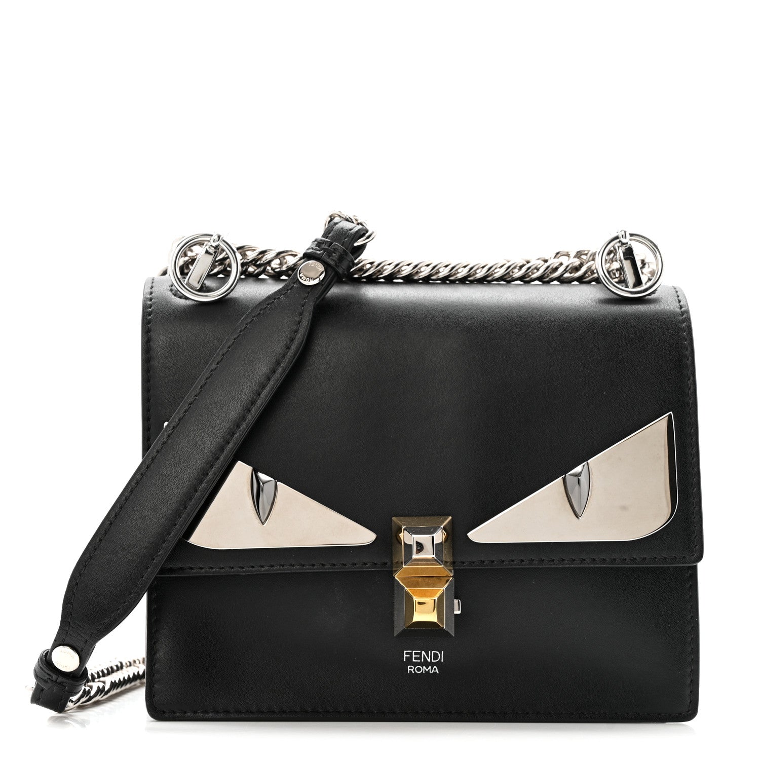 Fendi Vitello Liberty Lucido Metal Monster Eyes Studded Small Kan I Shoulder Bag Black 1 of 12