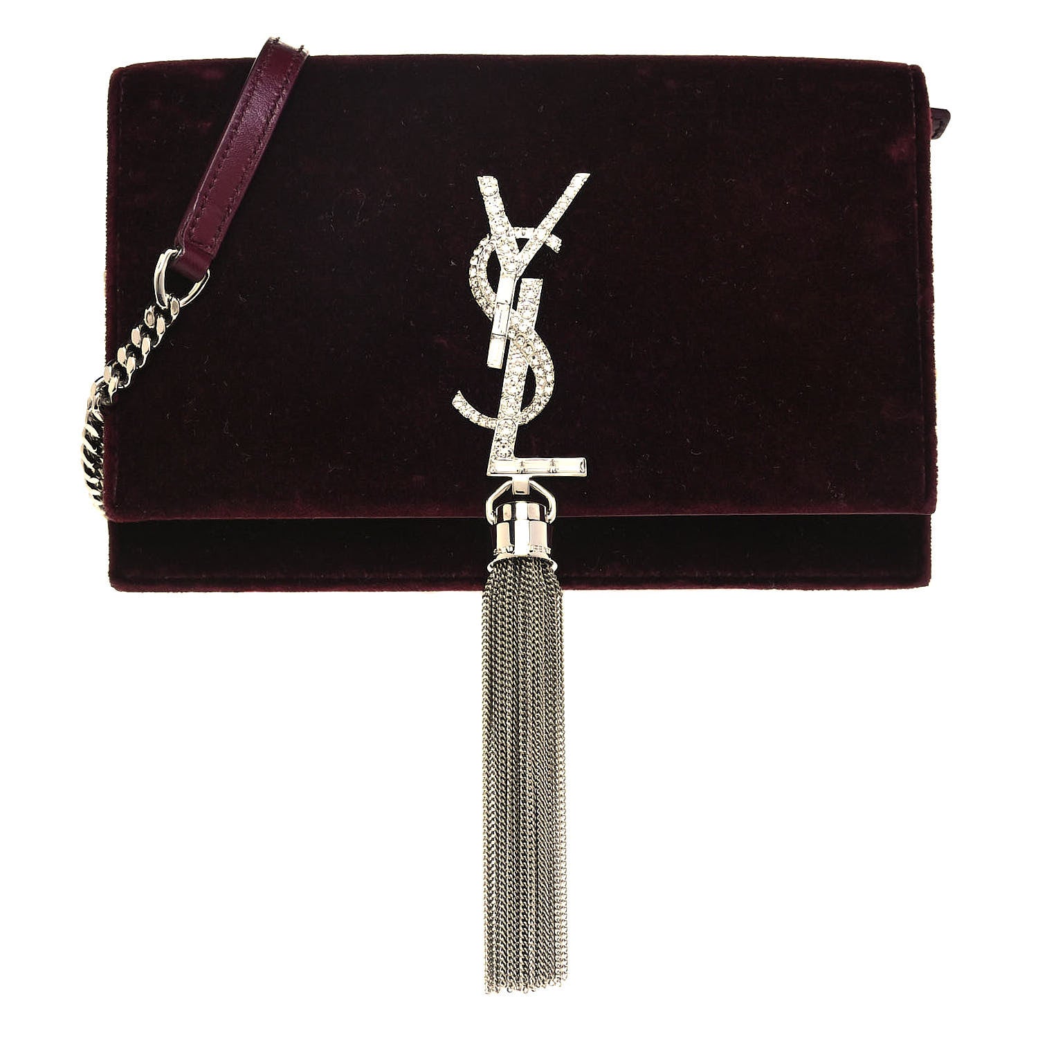 Saint Laurent Velvet Crystal Monogram Kate Tassel Shoulder Bag Rouge Legion 1 of 8