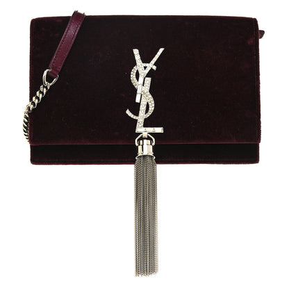 Saint Laurent Velvet Crystal Monogram Kate Tassel Shoulder Bag Rouge Legion 1 of 8