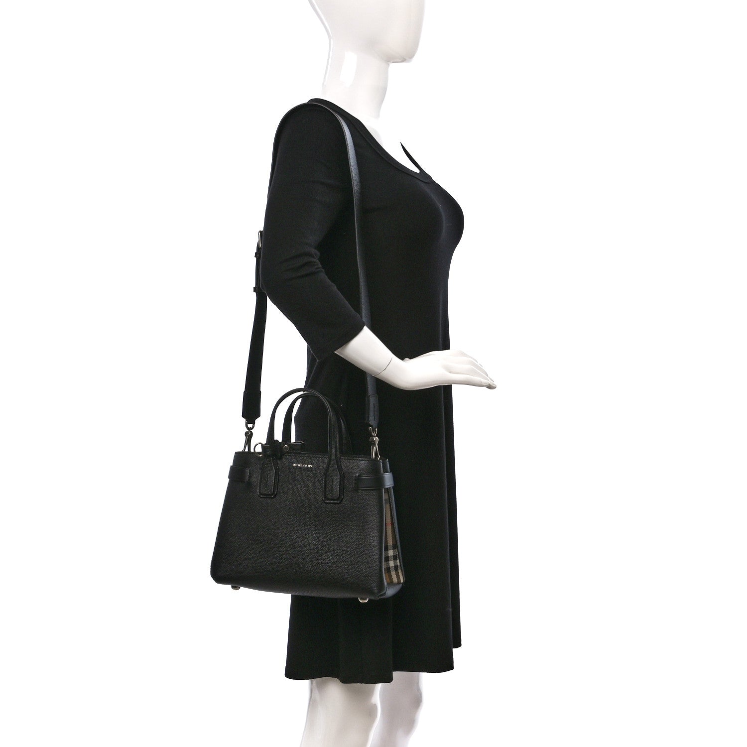 Burberry Grainy Calfskin House Check Small Banner Tote Black 2 of 11