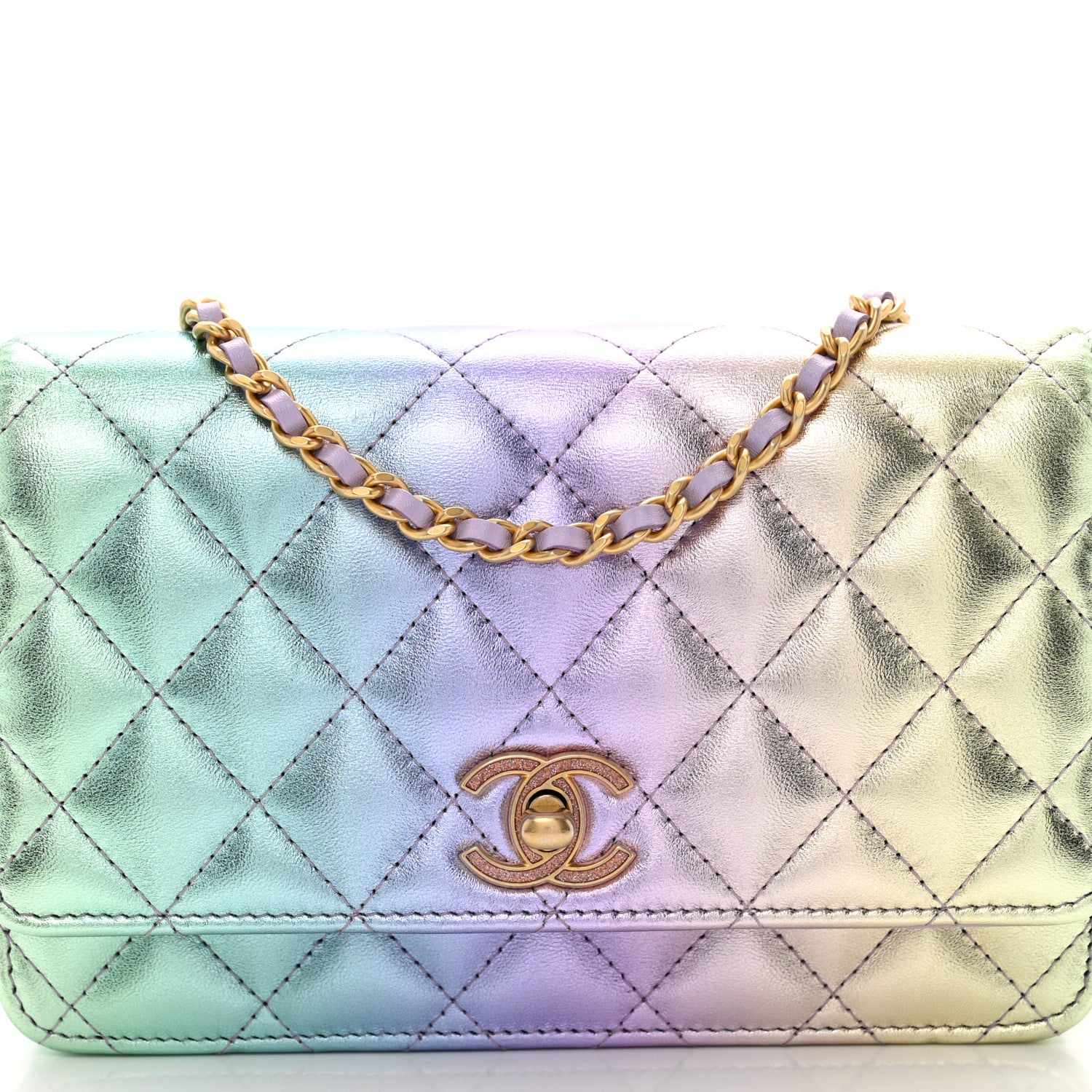 Chanel Iridescent Lambskin Quilted Glitter CC Roller Skate Wallet On Chain WOC Multicolor 8 of 11