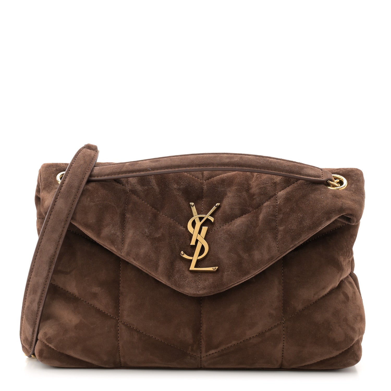 Saint Laurent Suede Calfskin Quilted Small Loulou Puffer Monogram Chain Satchel Bark Brown 1 of 10