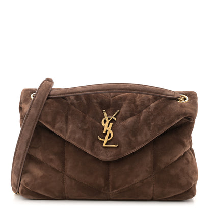 Saint Laurent Suede Calfskin Quilted Small Loulou Puffer Monogram Chain Satchel Bark Brown 1 of 10