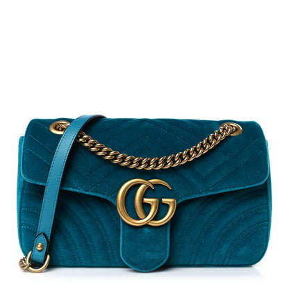 Gucci Velvet Matelasse Small GG Marmont Shoulder Bag Pavone Cyan 1 of 9