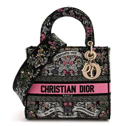 Christian Dior Canvas Around the World Embroidered Medium Lady D-Lite Black Pastel Pink 1 of 12