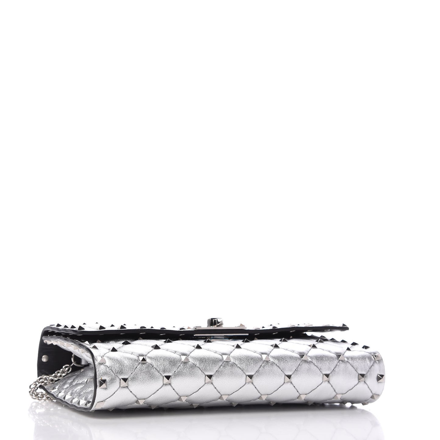 Metallic Nappa Rockstud Spike Wallet on Chain Silver