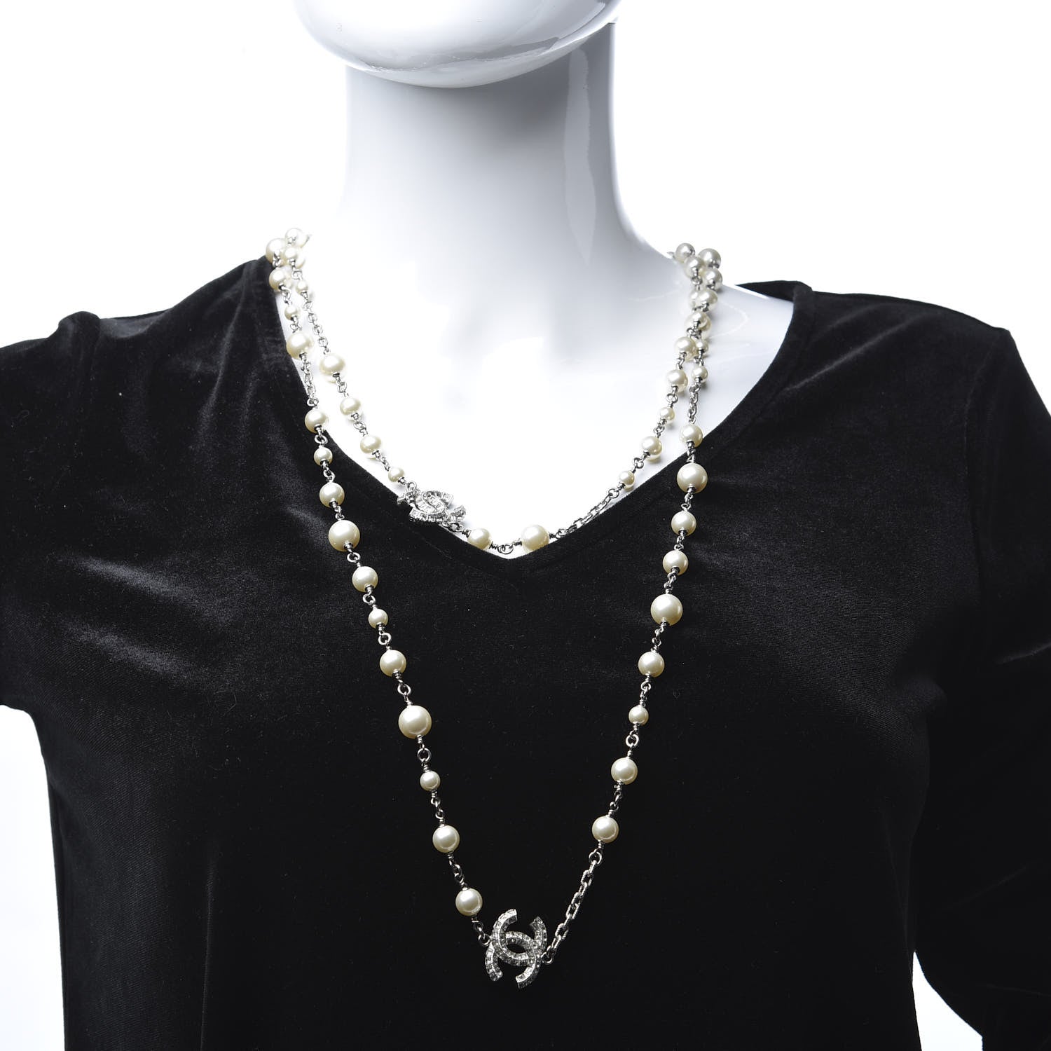 Chanel Crystal Pearl CC Long Necklace Silver 2 of 4