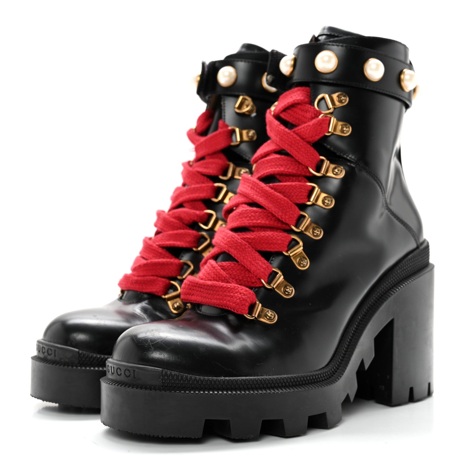 Gucci Magnum Calfskin Pearl Lace Up Combat Ankle Boots 38.5 Black 3 of 15