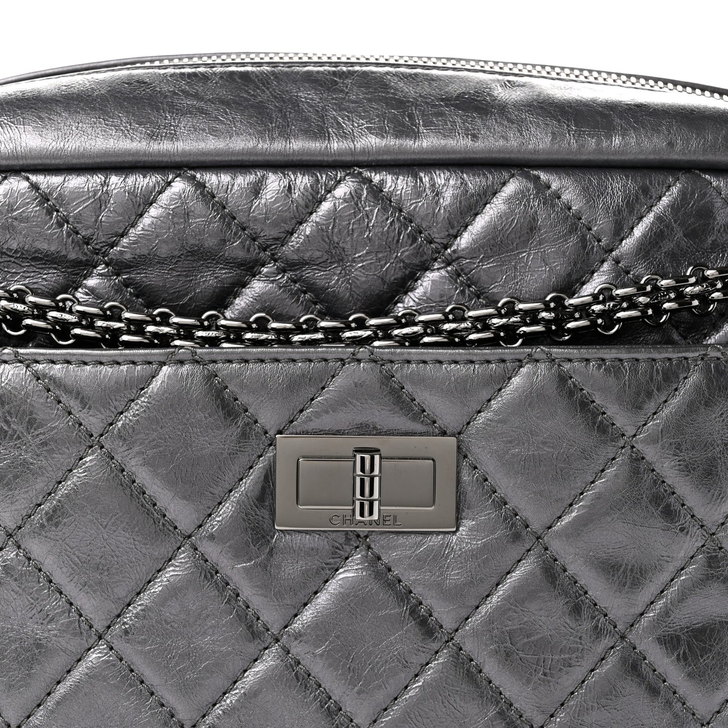 Metallic Aged Calfskin Quilted Medium Reissue Camera Case Dark Silver