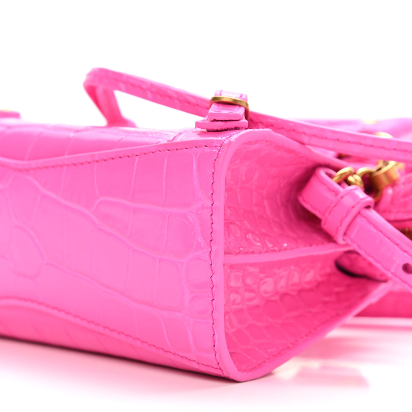 Calfskin Crocodile Embossed Neo Classic Gold Hardware Nano City Crossbody Neon Pink
