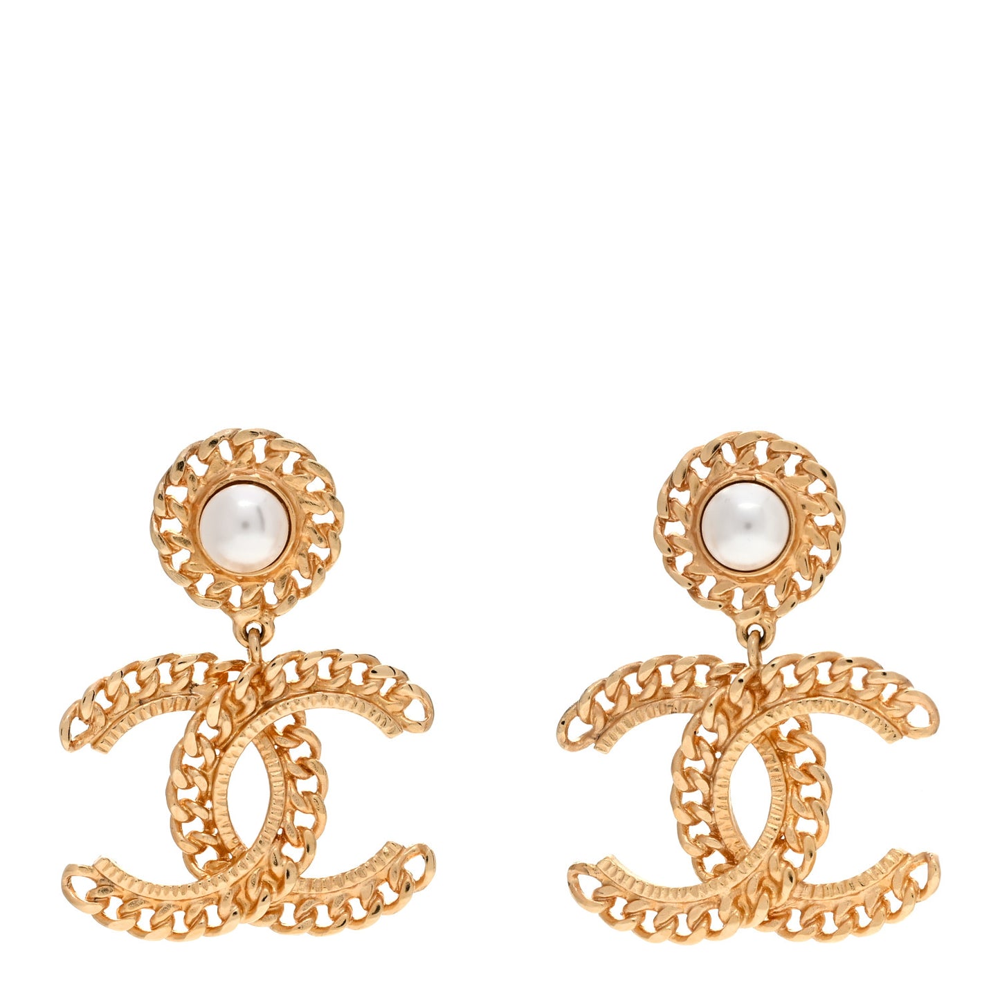 Metal Pearl CC Chain Drop Earrings Gold