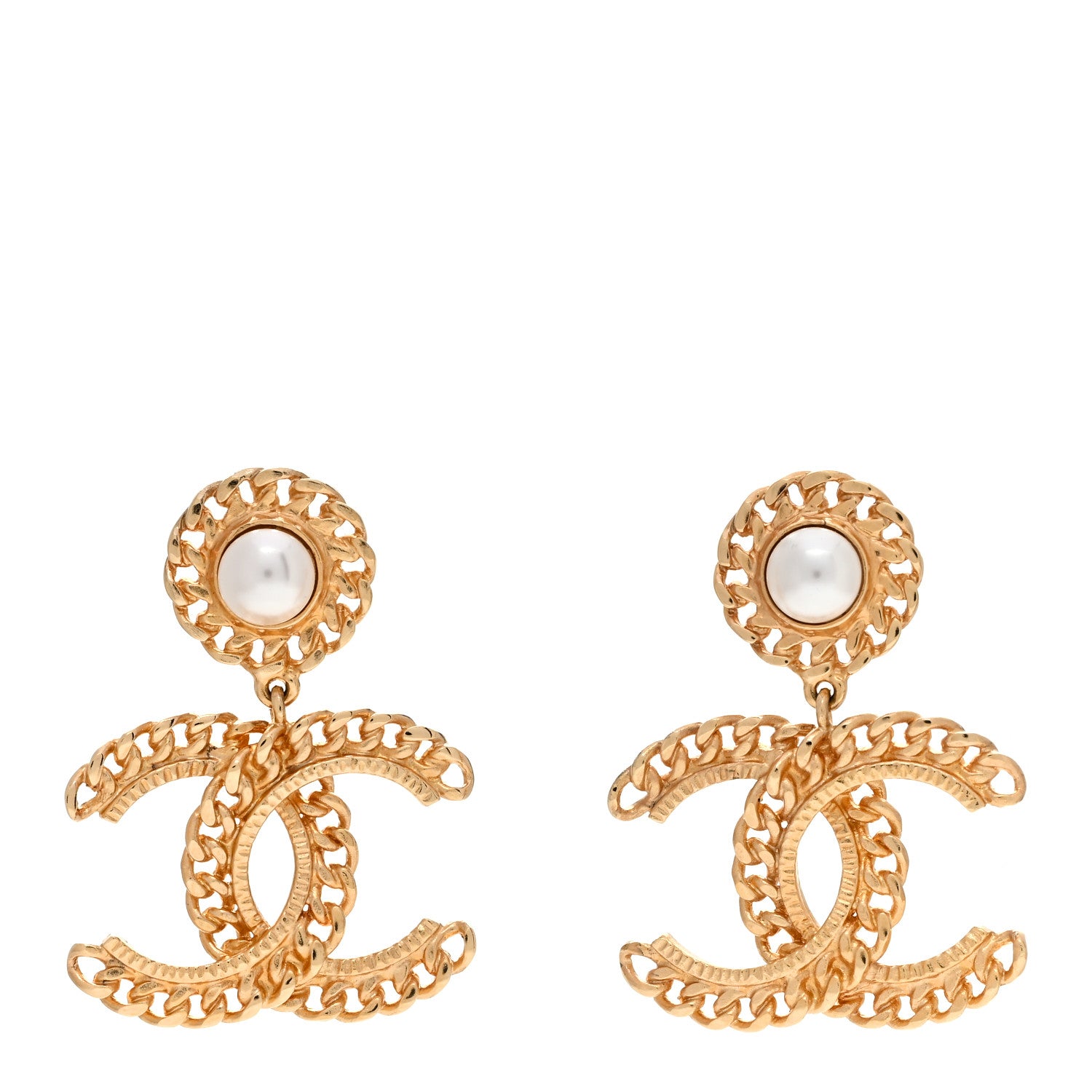 Chanel Metal Pearl CC Chain Drop Earrings Gold 1 of 4