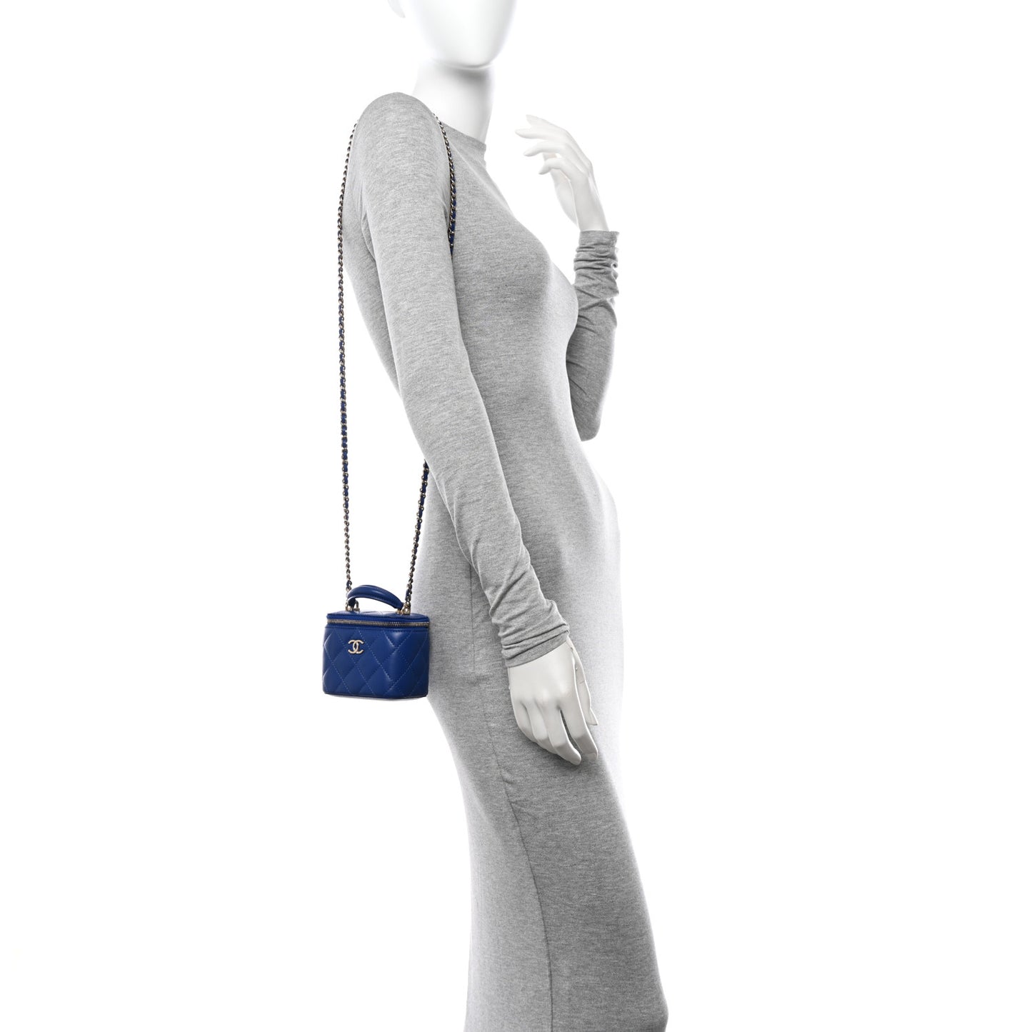 Lambskin Quilted Top Handle Mini Vanity Case With Chain Blue