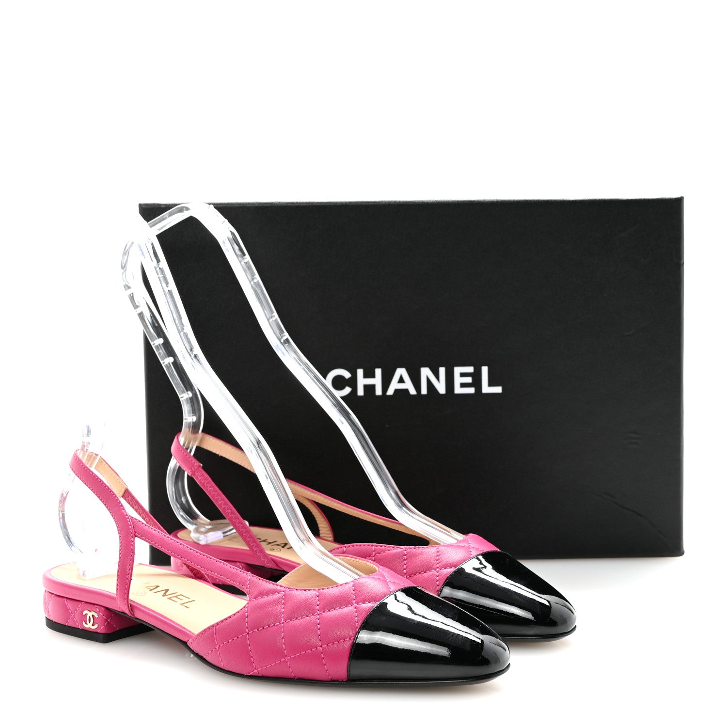 Chanel Lambskin Patent Cap Toe CC Slingback Flats 37.5 Fuchsia Black 10 of 10