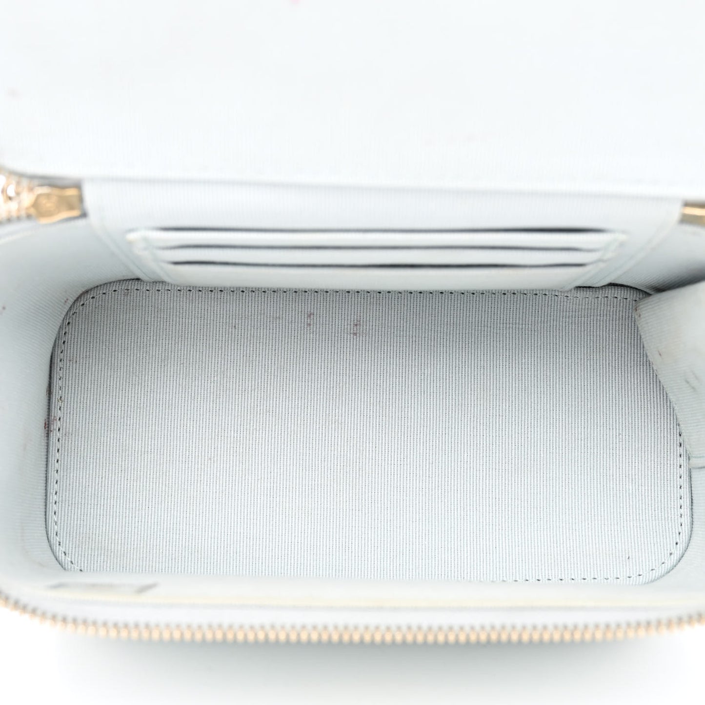 Lambskin Quilted Small Top Handle Vanity Case With Chain Light Blue