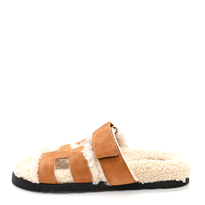 Hermes Suede Goatskin Woolskin Womens Chypre Sandals 36.5 Naturel Ecru 1 of 9