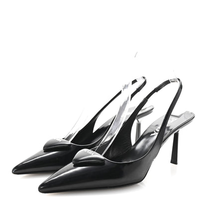 Prada Spazzolato Triangle Logo Pointed Toe 75mm Slingback Pumps 36 Black 4 of 8