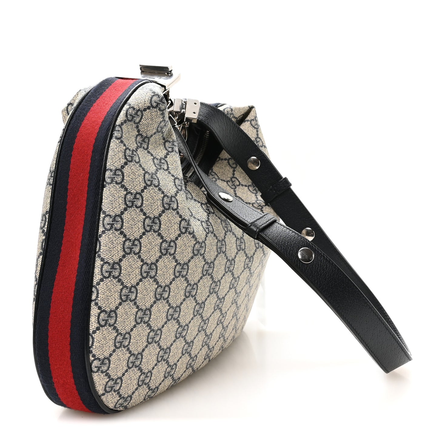 GG Supreme Monogram Textured Calfskin Web Large Attache Shoulder Bag Beige Blue
