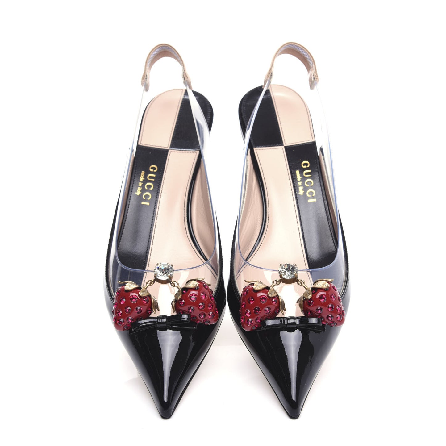 Patent PVC Bamboo Crystal Strawberry Eleonor Low Heel Slingback Pumps 37 Black