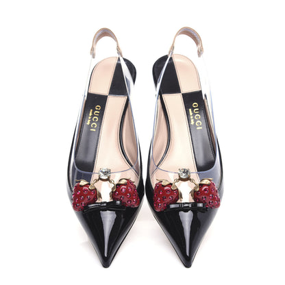 Gucci Patent PVC Bamboo Crystal Strawberry Eleonor Low Heel Slingback Pumps 37 Black 5 of 10