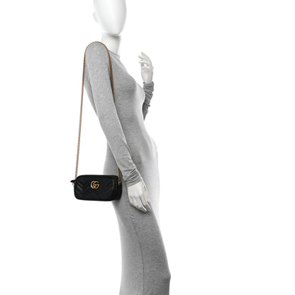 Gucci Calfskin Matelasse Mini GG Marmont Chain Crossbody Bag Black 2 of 14