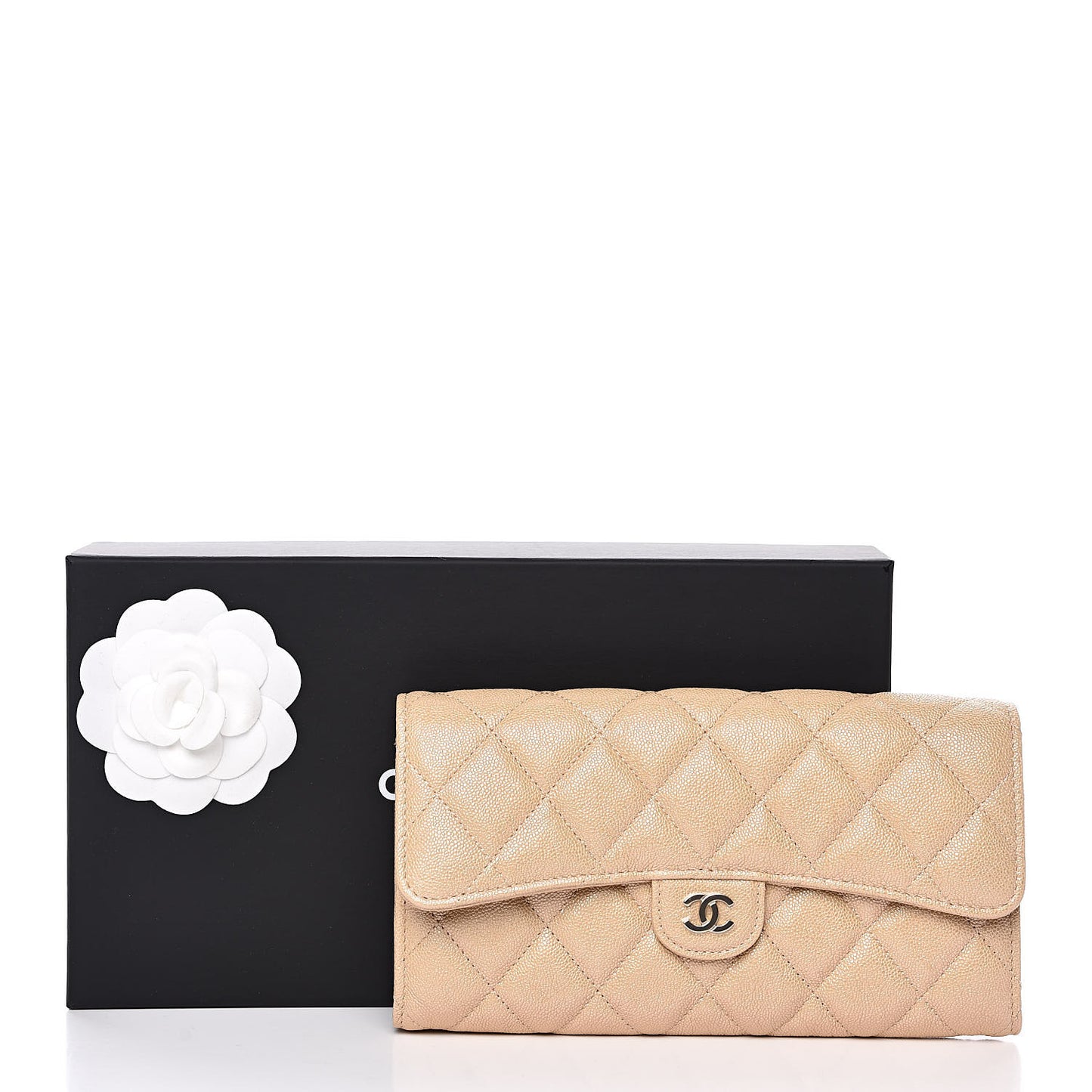 Iridescent Caviar Quilted Long Flap Wallet Beige