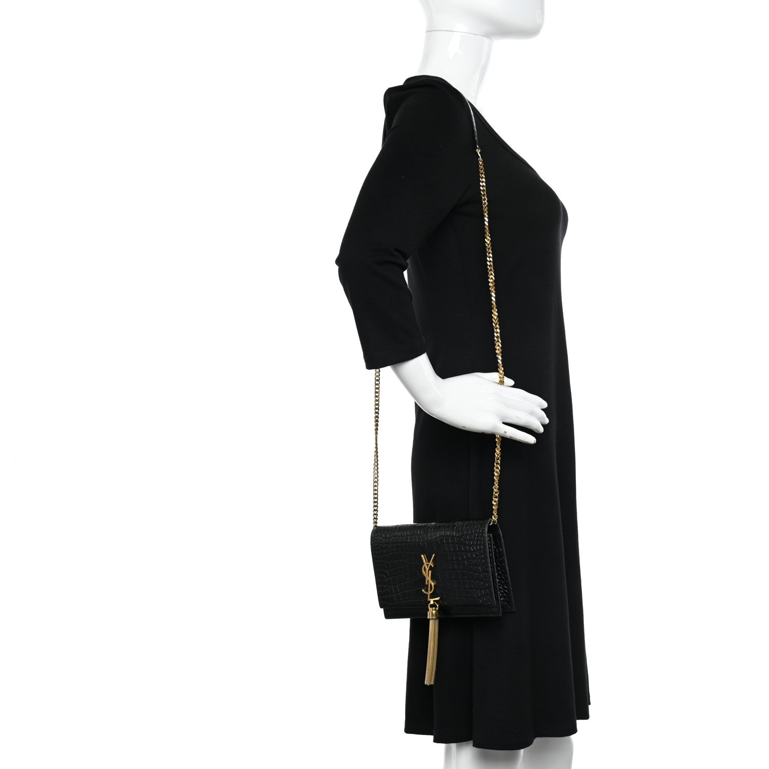 Saint Laurent Calfskin Crocodile Embossed Kate Monogram Tassel Chain Wallet Black 2 of 10