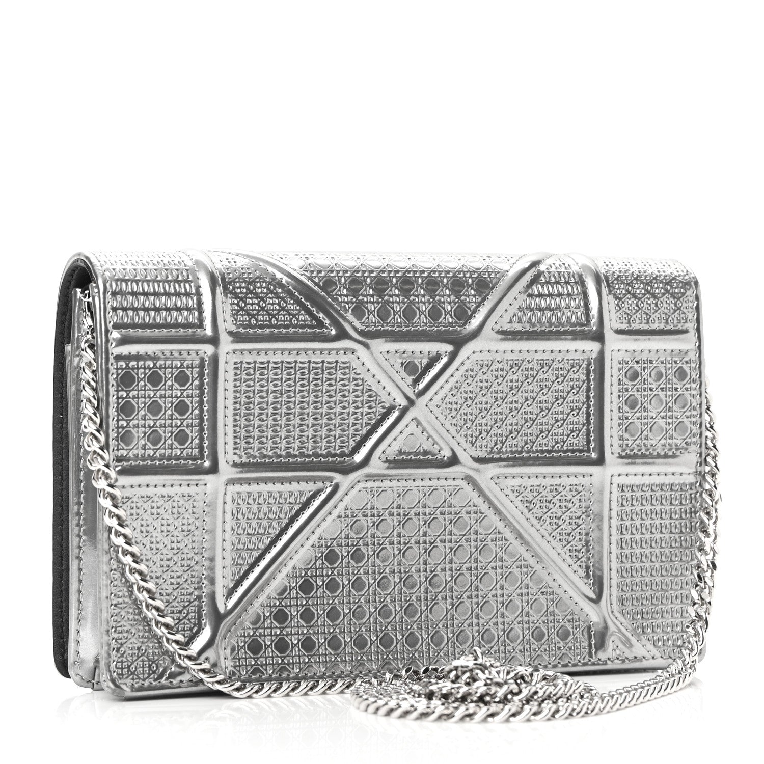 Christian Dior Metallic Patent Micro-Cannage Diorama Wallet on Chain Pouch Silver 3 of 9