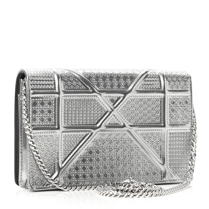Christian Dior Metallic Patent Micro-Cannage Diorama Wallet on Chain Pouch Silver 3 of 9