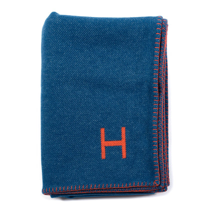Hermes Wool Cashmere H Casaque Blanket Bleu Grenade 1 of 5