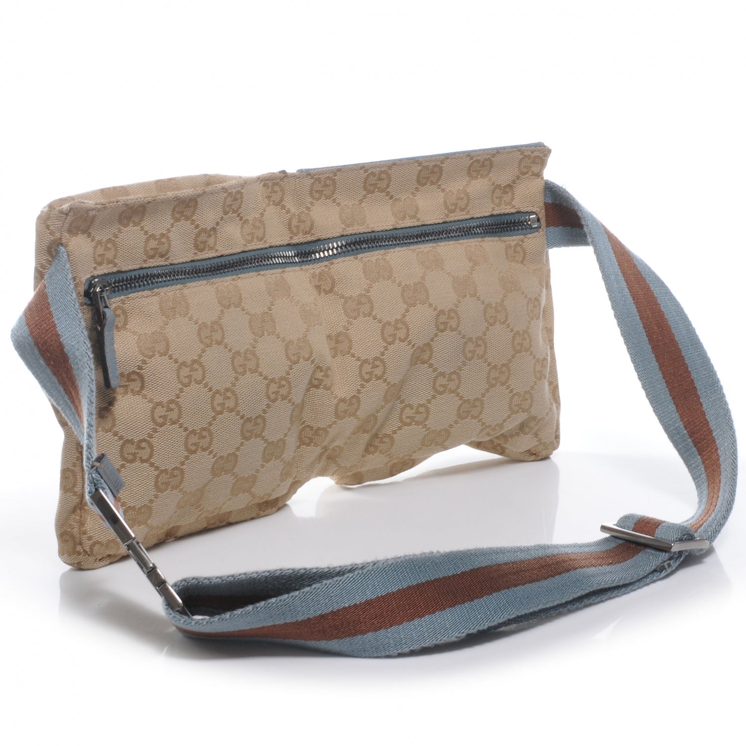 Gucci GG Monogram Web Double Pocket Belt Bag Blue Brown 3 of 7