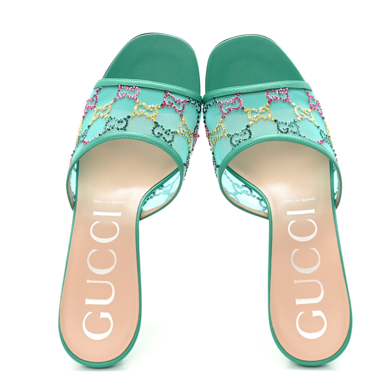 Gucci Tela Retino Nappa Crystal GG Monogram Square G 95mm Slide Sandals 40 Turquoise 2 of 9