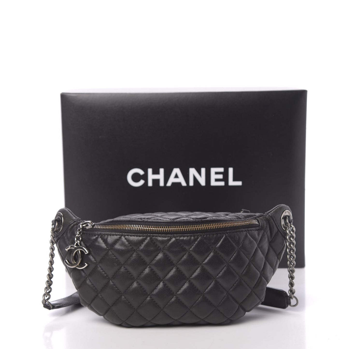 Lambskin Quilted Banane Waist Bag Fanny Pack Black
