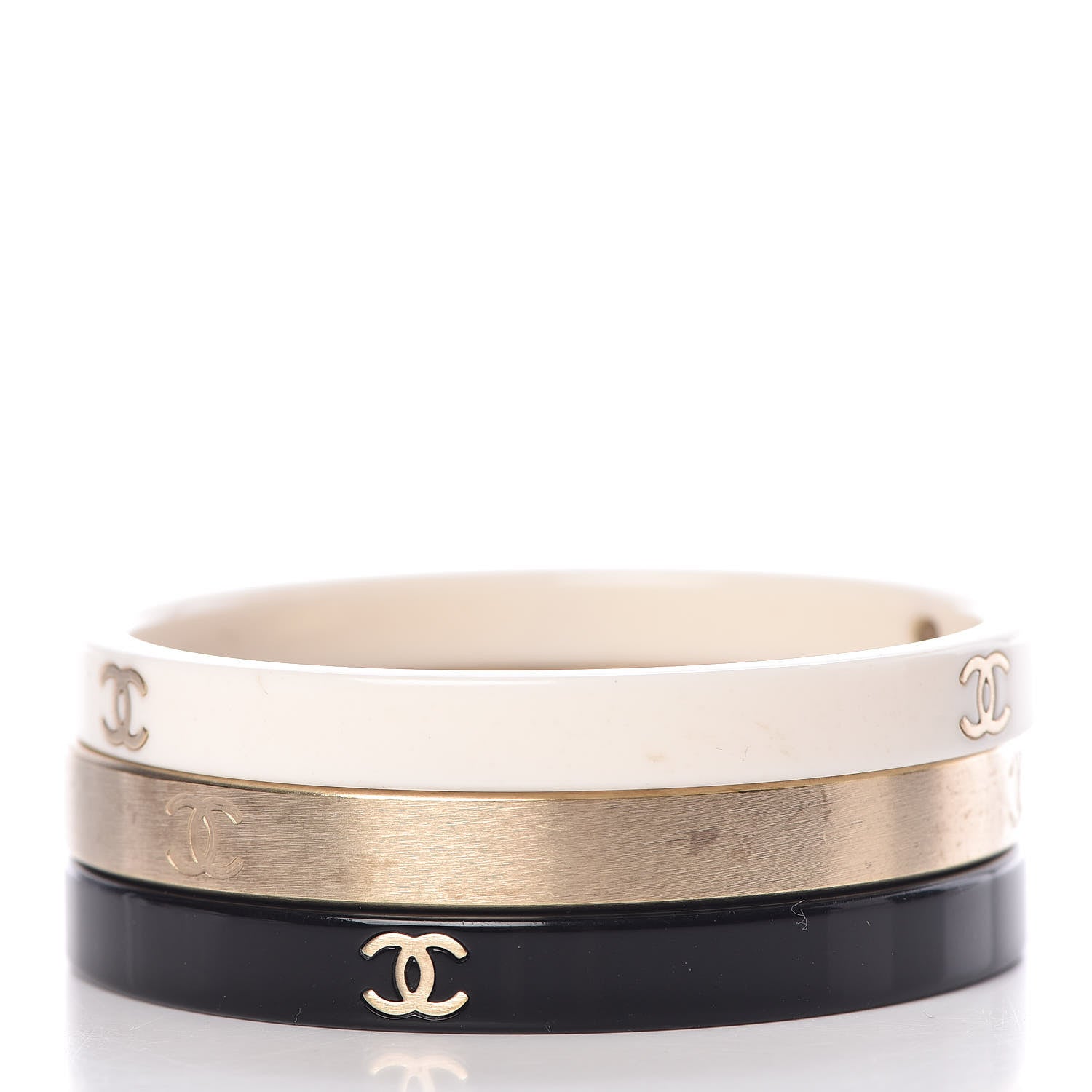Chanel Resin Metal CC Bangle Set of 3 Black White Gold 3 of 6