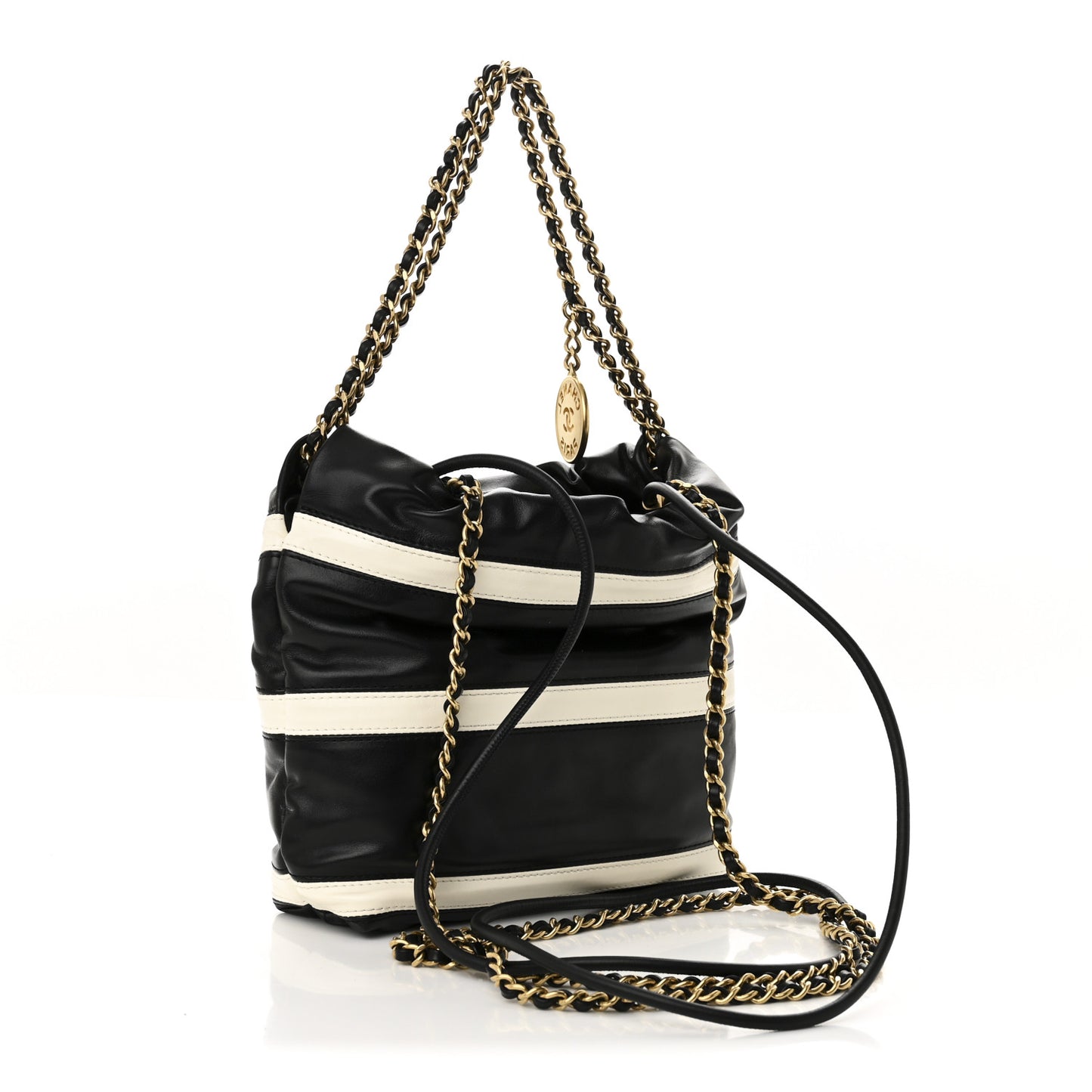Shiny Calfskin Striped Mini Chanel 22 Black White