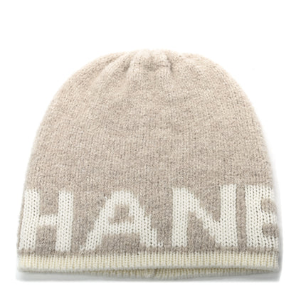 Chanel Cashmere Wool Silk Logo Beanie Hat Beige White 1 of 4