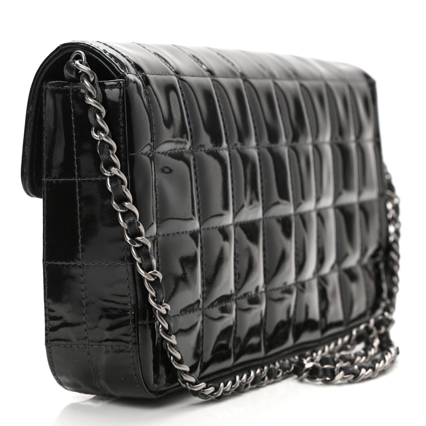 Patent Quilted East West Chocolate Bar Flap Black