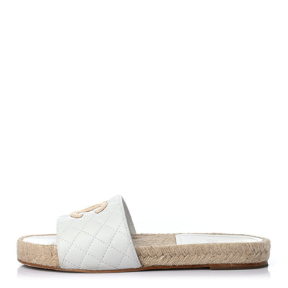 Chanel Lambskin Quilted CC Espadrille Slip On Sandals 37 White Beige 1 of 8