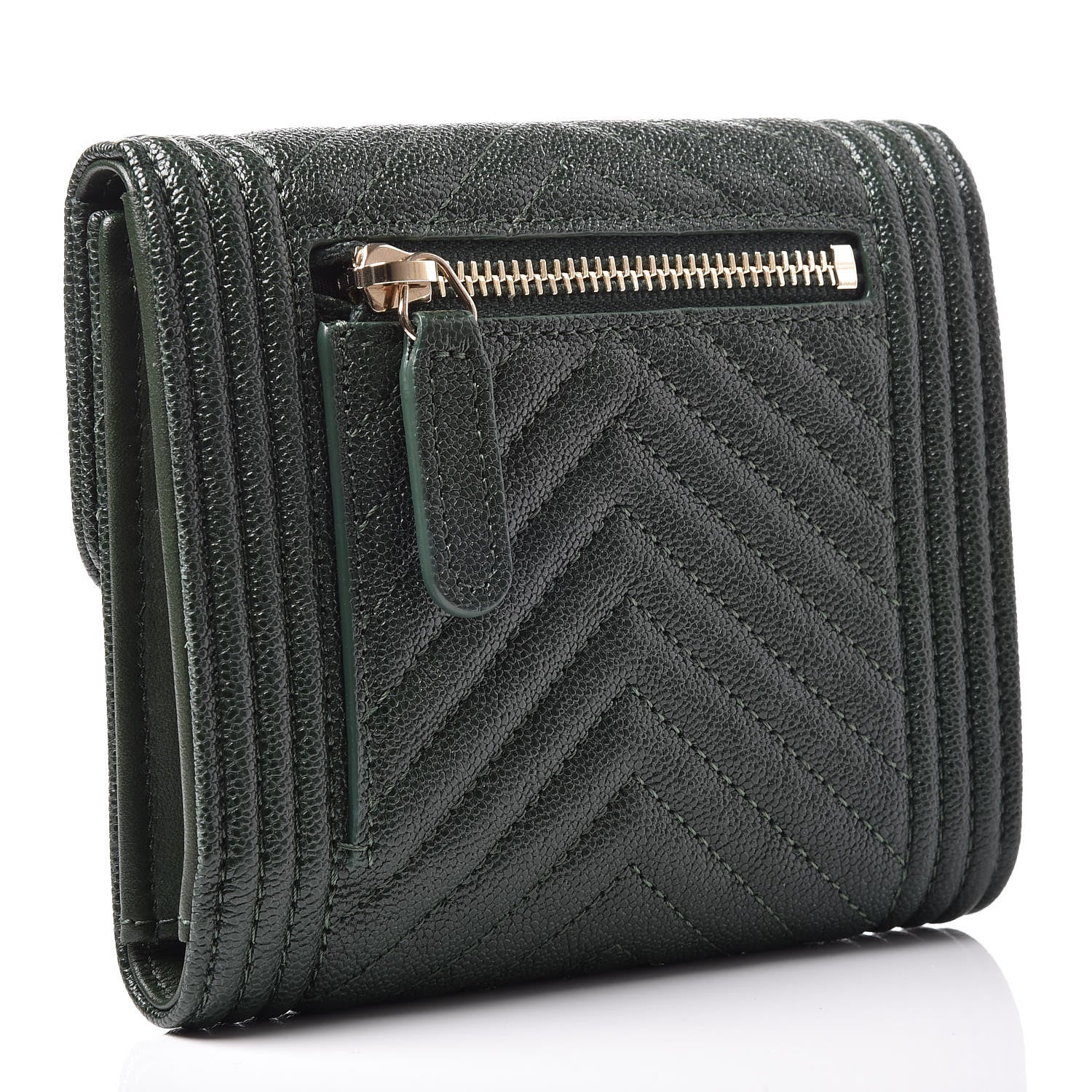Chanel Caviar Chevron Quilted Boy Compact Wallet Dark Green 3 of 12