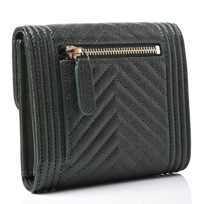 Chanel Caviar Chevron Quilted Boy Compact Wallet Dark Green 3 of 12
