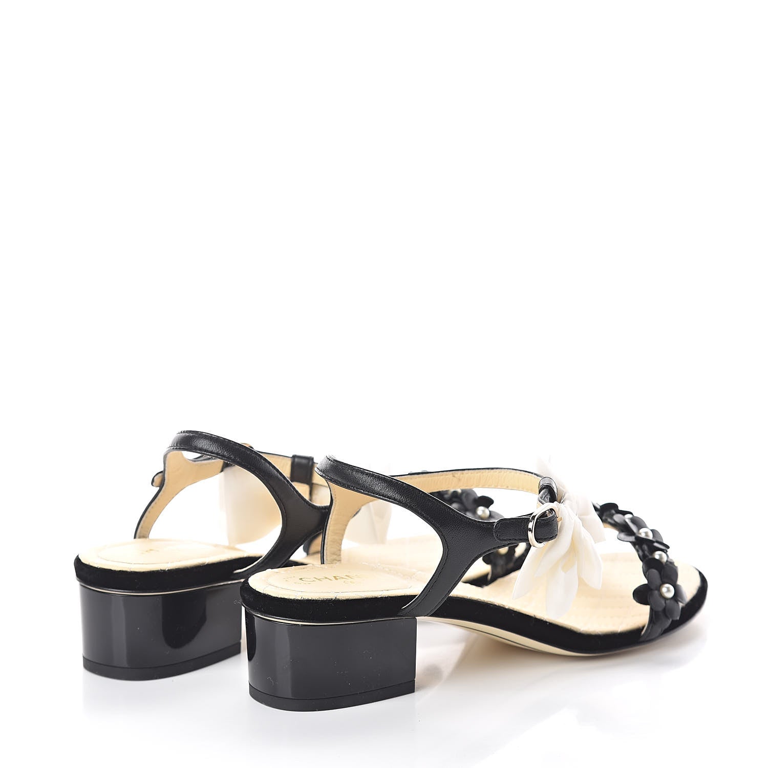 Chanel Lambskin Pearl Camellia Bow Sandals 38 Black 4 of 7