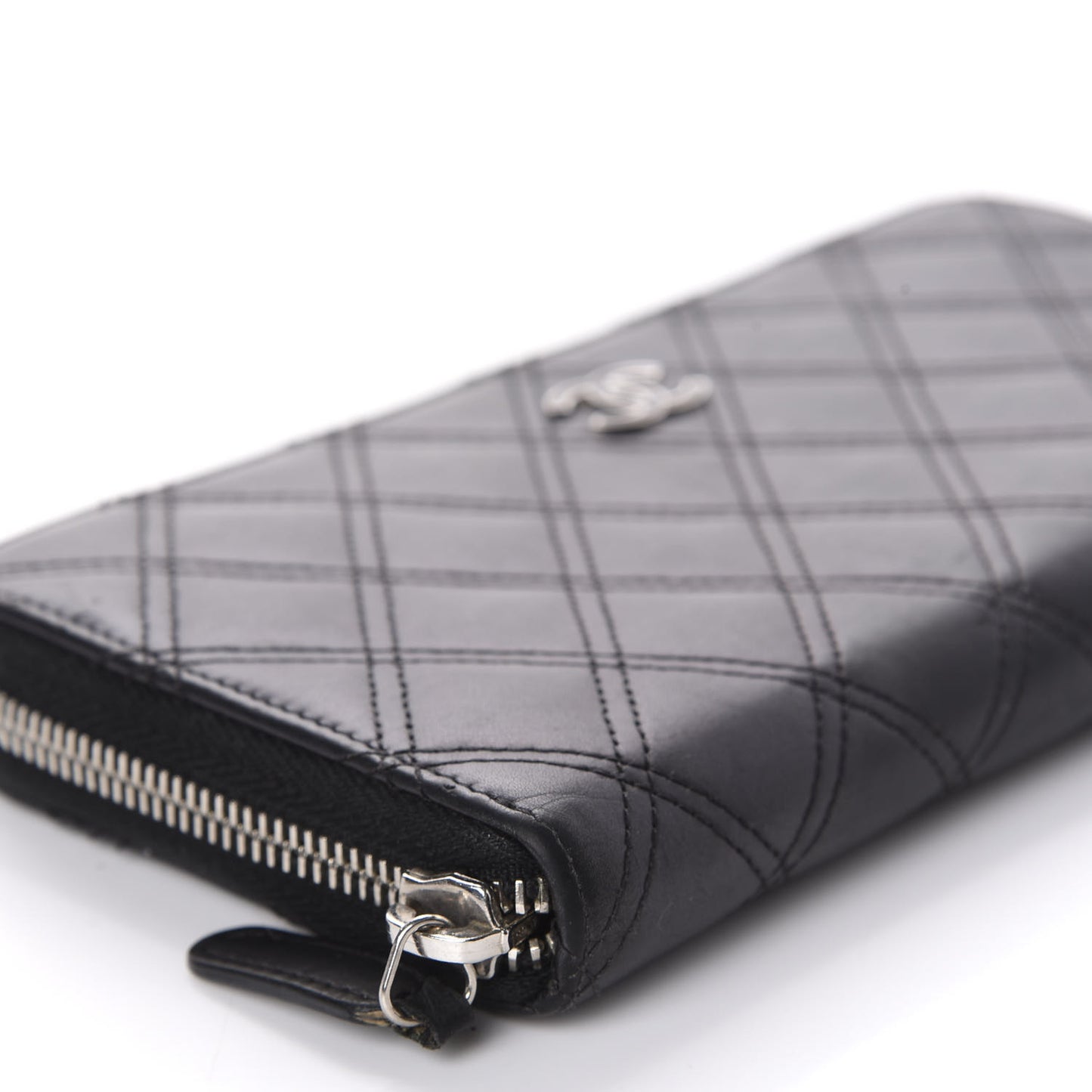 Lambskin Double Stitch Quilted Large Gusset Zip Around Wallet Black
