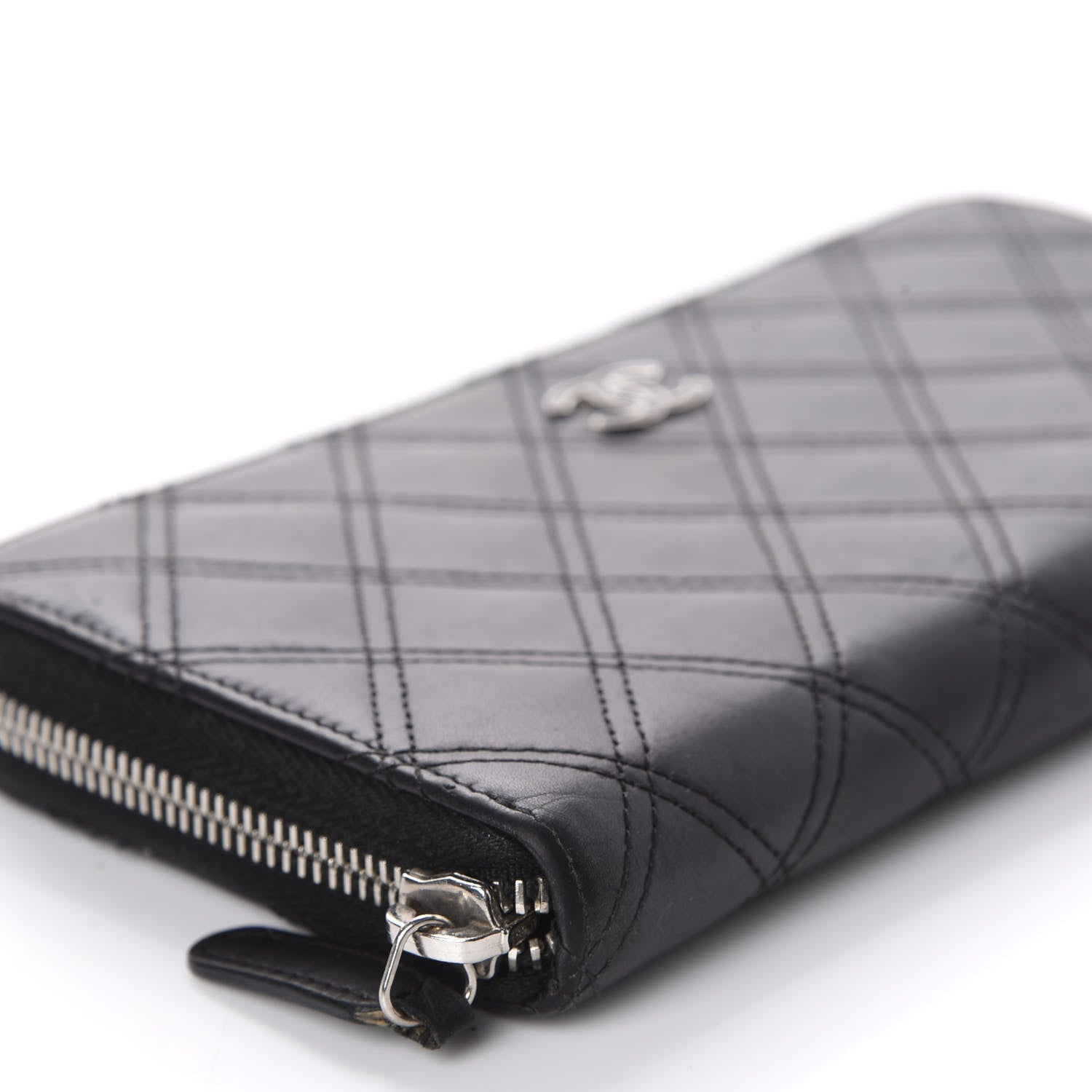 Chanel Lambskin Double Stitch Quilted Large Gusset Zip Around Wallet Black 6 of 19